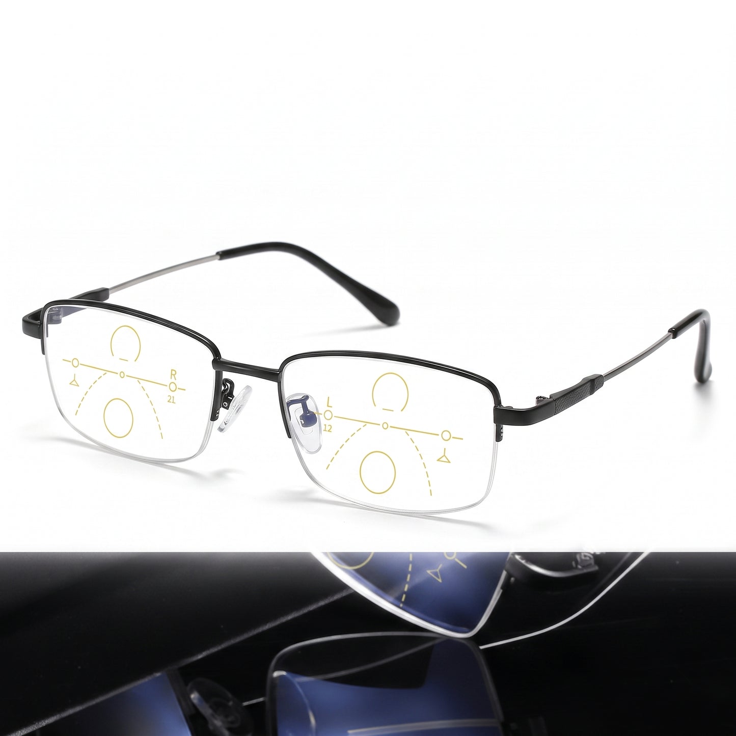 Reading Glasses Progressive Multifocal Semi-Rimless Titanium Frame - studio