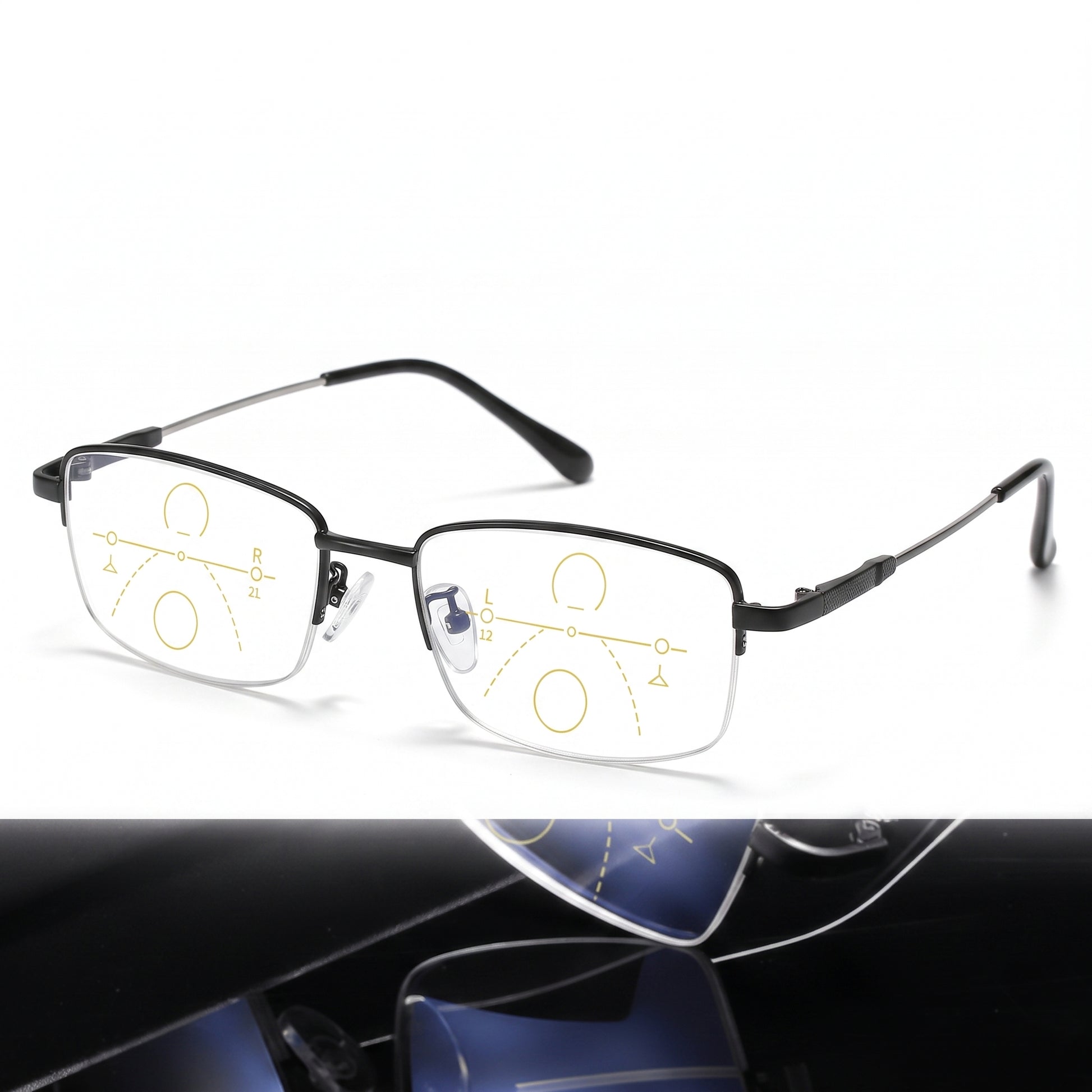 Reading Glasses Progressive Multifocal Semi-Rimless Titanium Frame - studio
