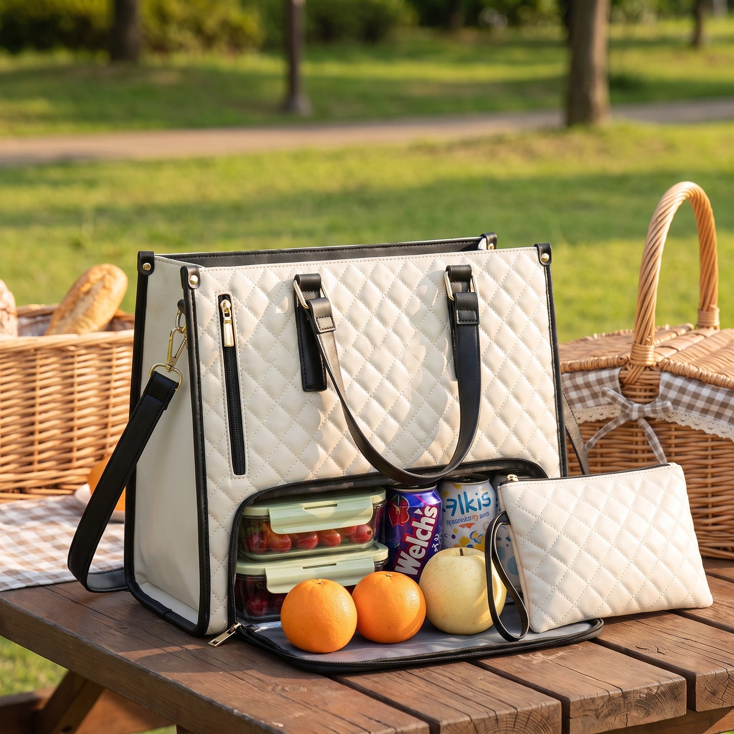 Lunch Bag Quilted Tote Insulated Compartment Work - in-use