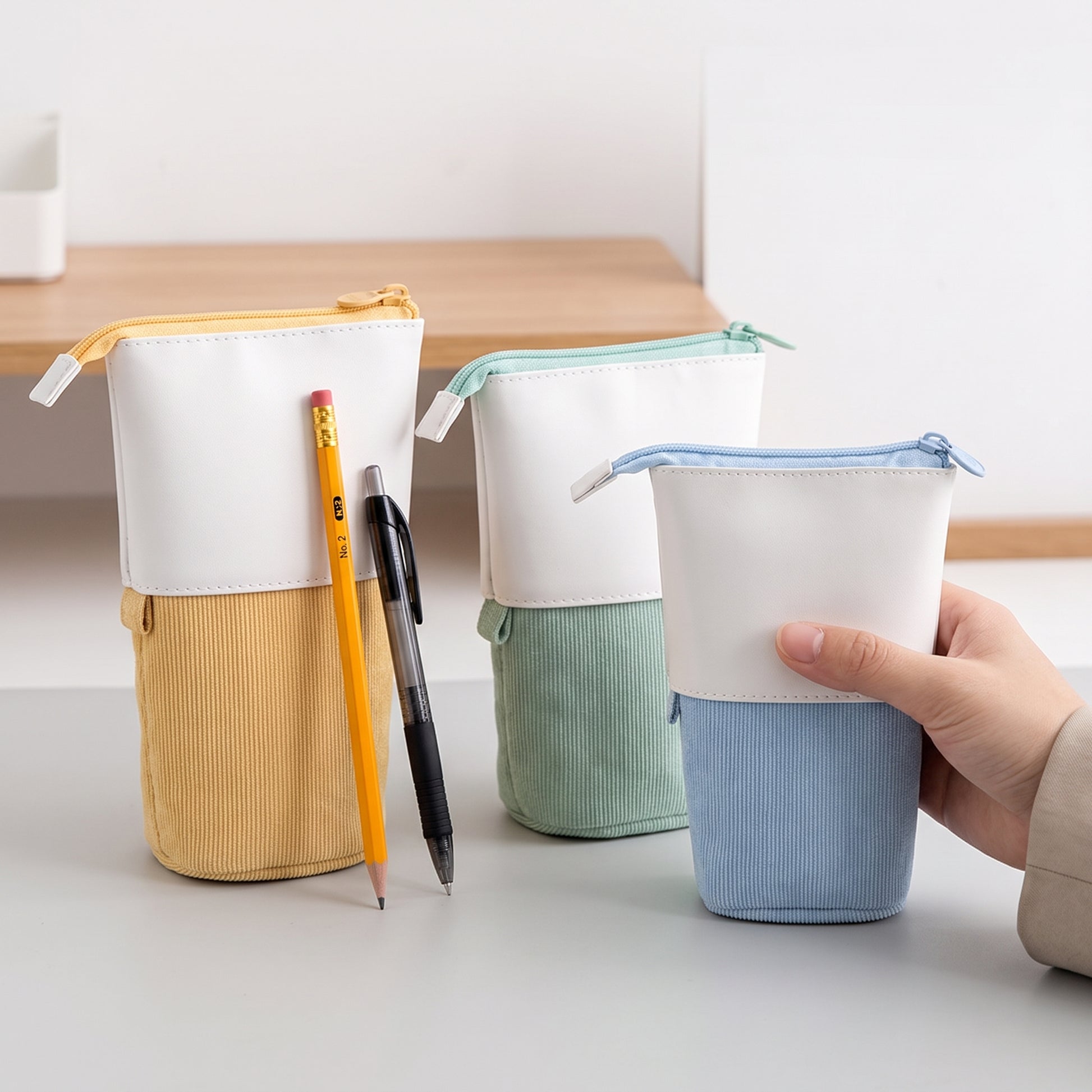 Pencil Case Standing Corduroy Pen Holder Retractable Pop - scale