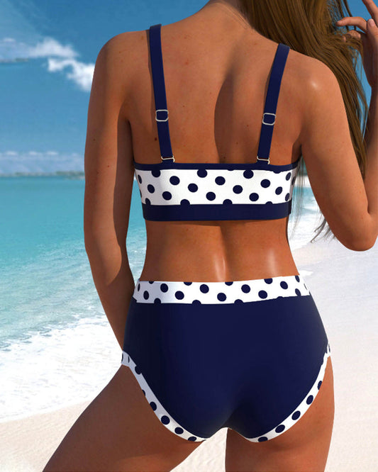 Retro Polka Dot High Waist Bikini Set with V-Neck Top