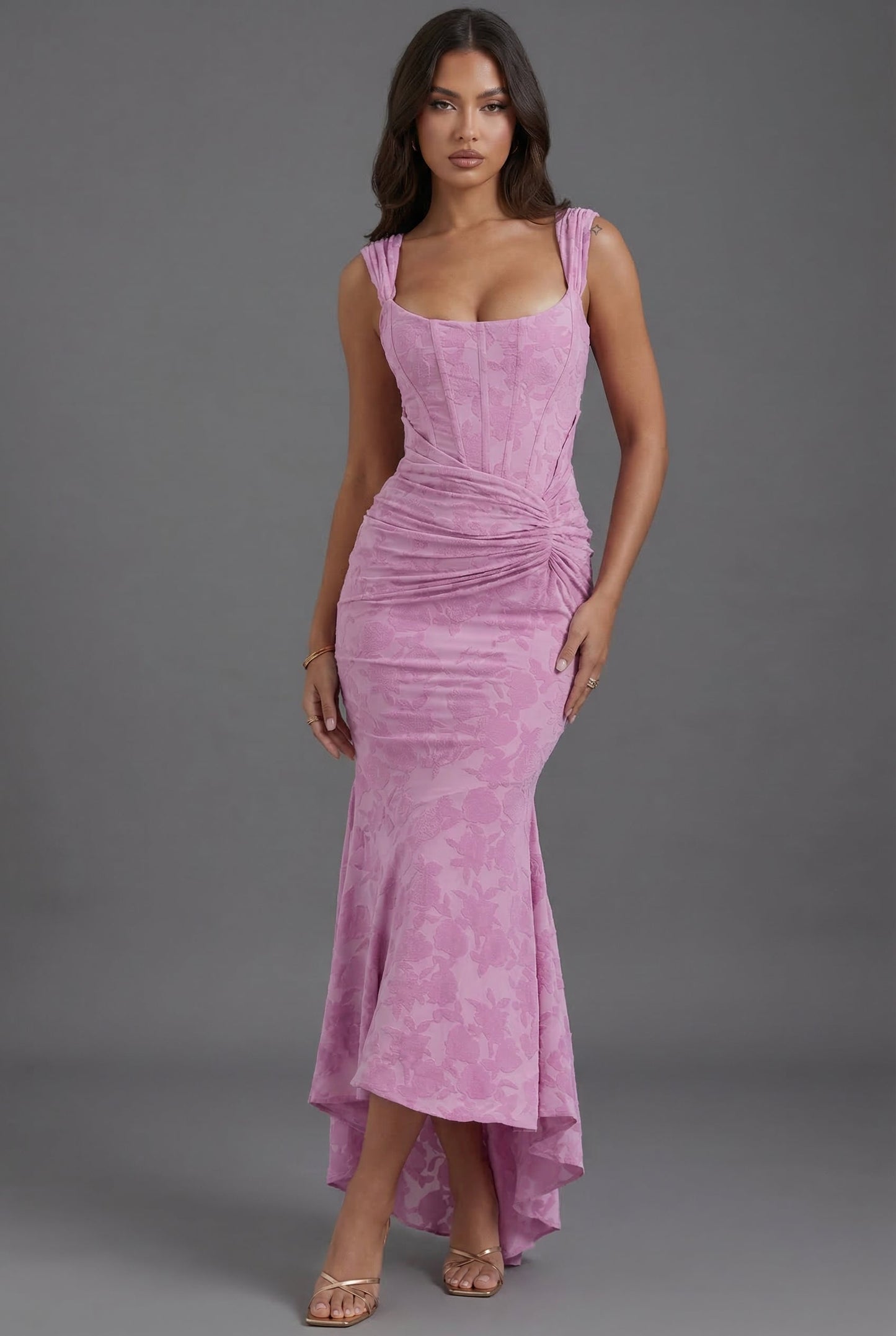 Ruched Waist Corset Maxi Dress in Textured Floral Jacquard