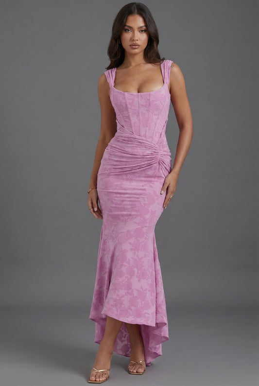 Ruched Waist Corset Maxi Dress in Textured Floral Jacquard