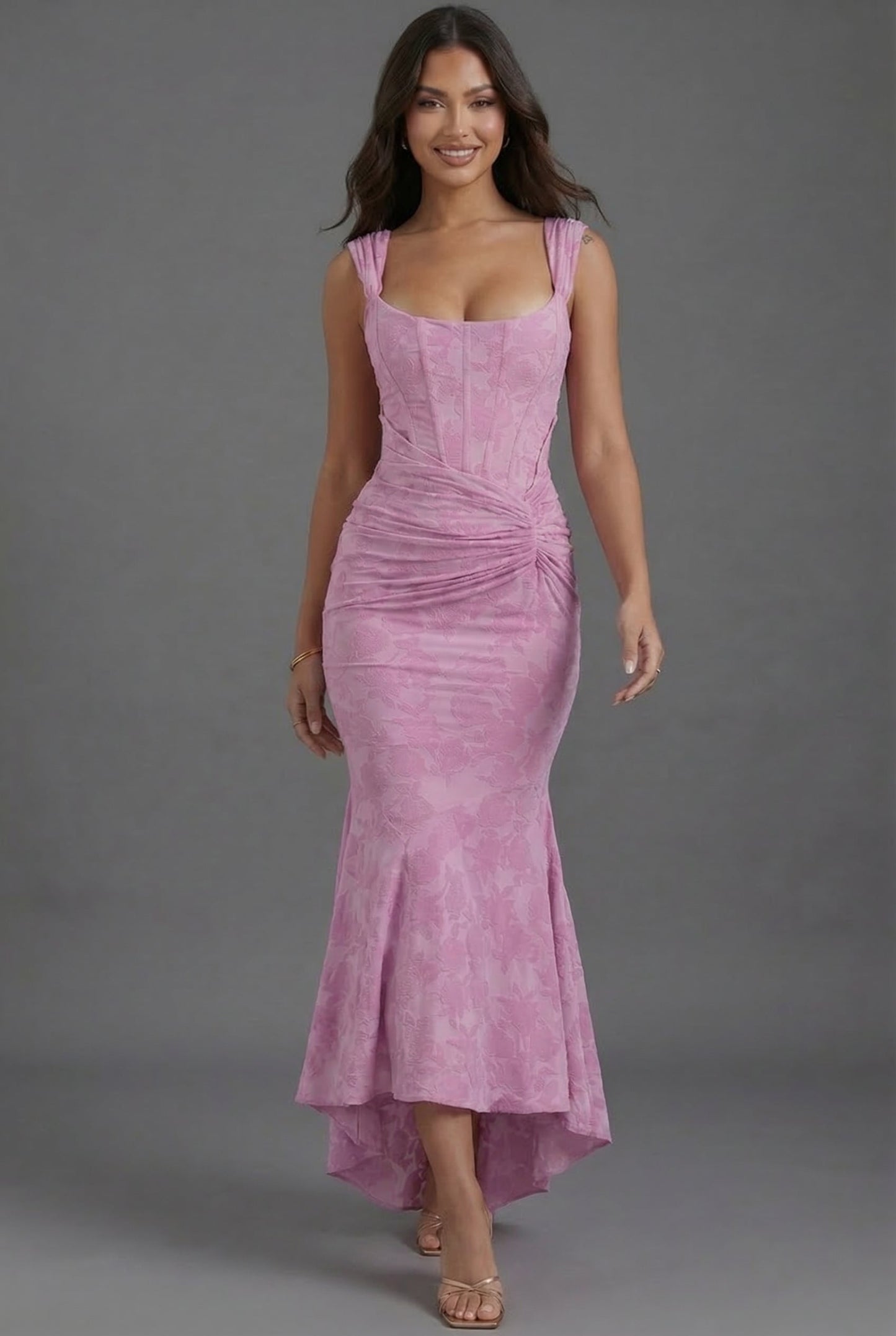 Ruched Waist Corset Maxi Dress in Textured Floral Jacquard