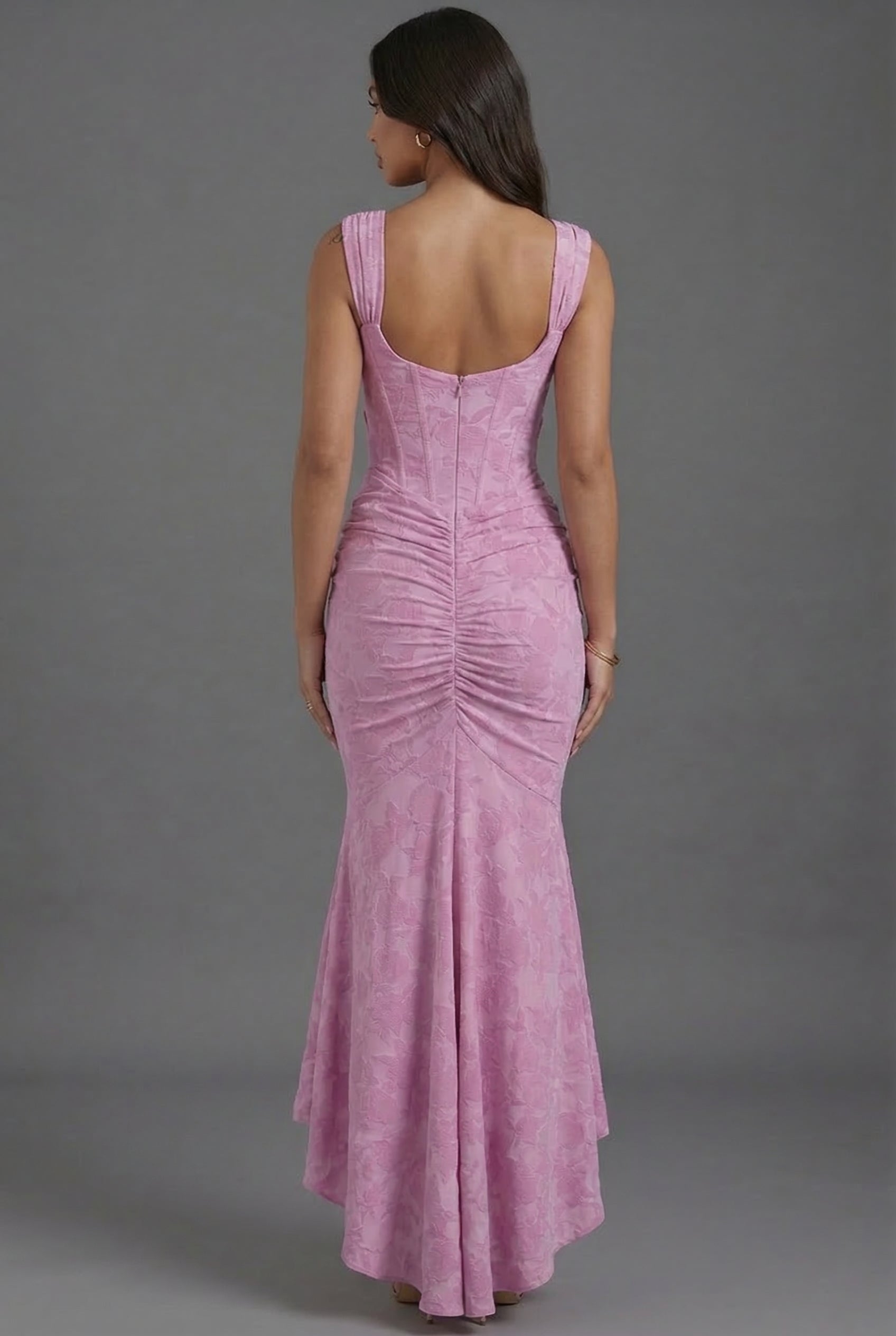 Ruched Waist Corset Maxi Dress in Textured Floral Jacquard