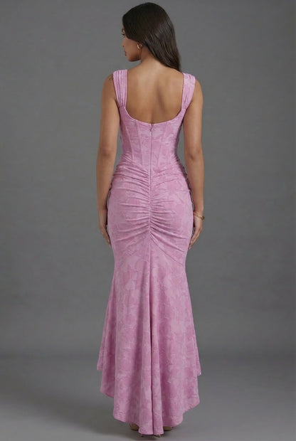 Ruched Waist Corset Maxi Dress in Textured Floral Jacquard