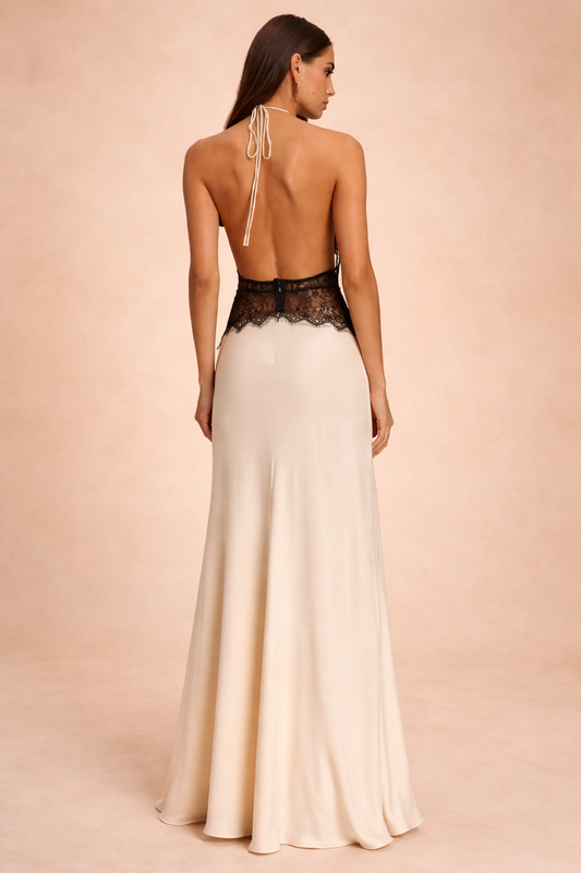 Satin Halter Neck Lace Waist Panel Backless Long Dress for Women