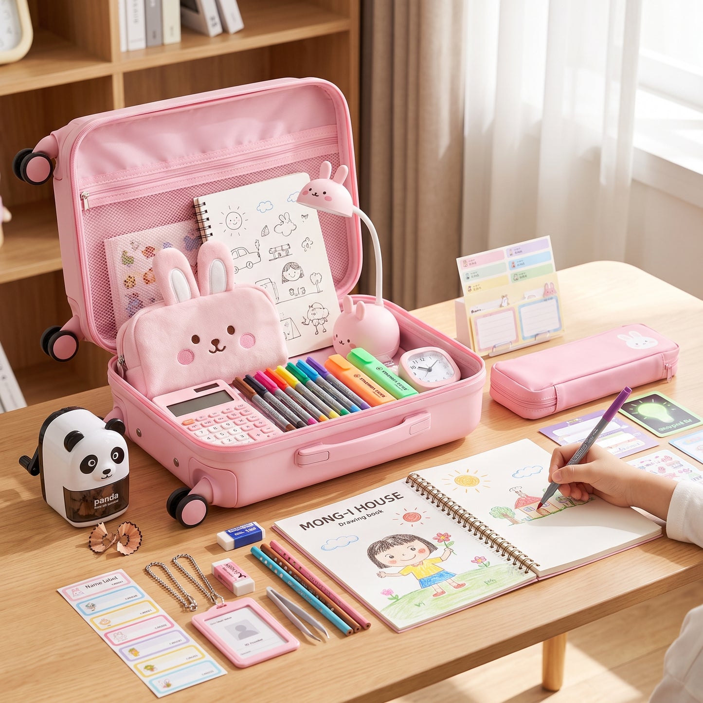 Gift Pink School Supplies Cute Cartoon Childrens Stationery Set - in-use