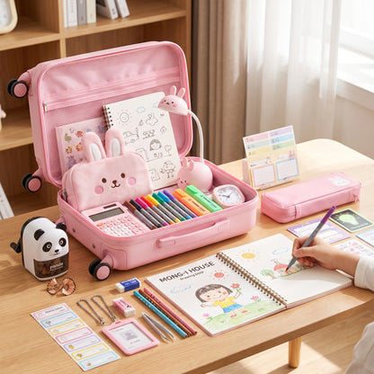 Gift Pink School Supplies Cute Cartoon Childrens Stationery Set - in-use