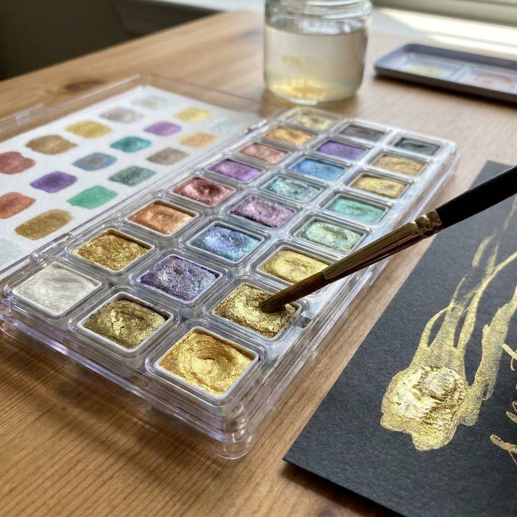 Metallic Watercolor Paint Set Shimmer Palette Solid Pans - Image 1