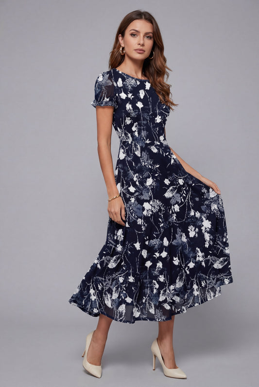 Short Sleeve Floral Crew Neck Chiffon Midi Summer Dress for Women