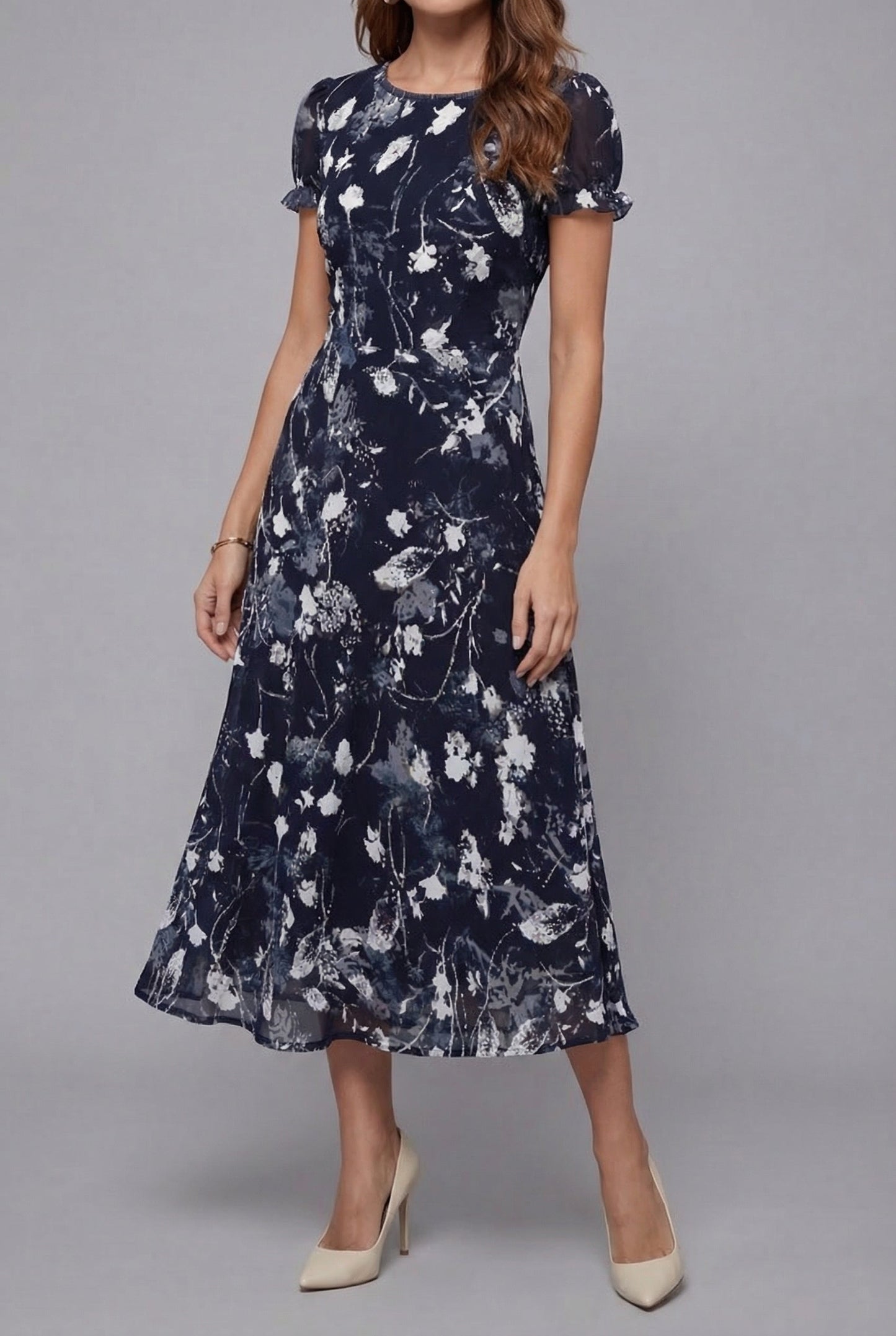 Short Sleeve Floral Crew Neck Chiffon Midi Summer Dress for Women