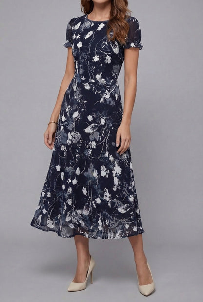 Short Sleeve Floral Crew Neck Chiffon Midi Summer Dress for Women