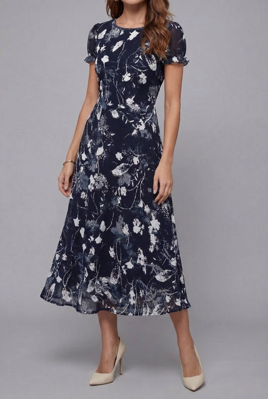 Short Sleeve Floral Crew Neck Chiffon Midi Summer Dress for Women