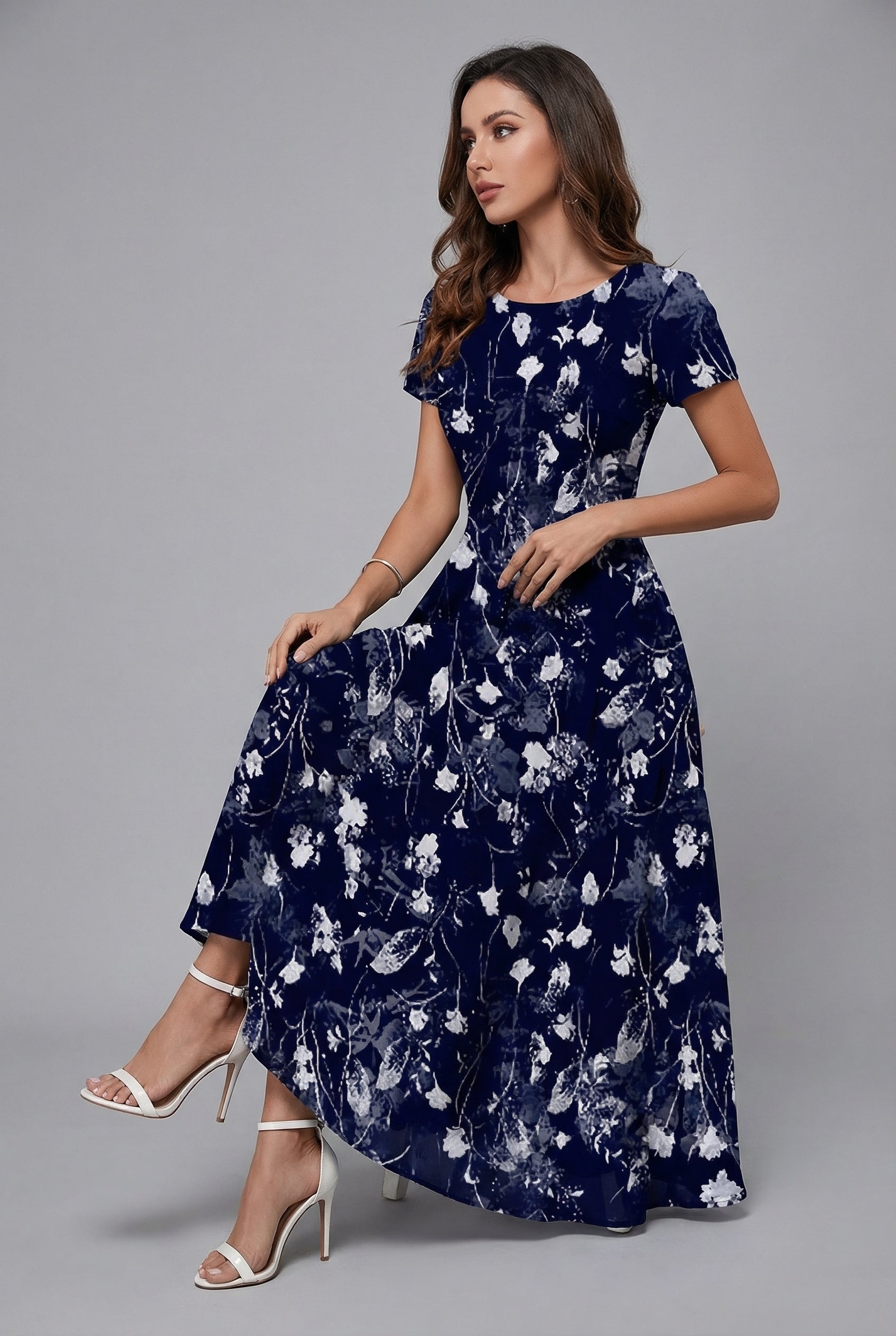 Short Sleeve Floral Crew Neck Chiffon Midi Summer Dress for Women