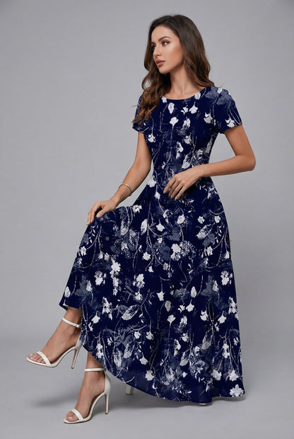 Short Sleeve Floral Crew Neck Chiffon Midi Summer Dress for Women