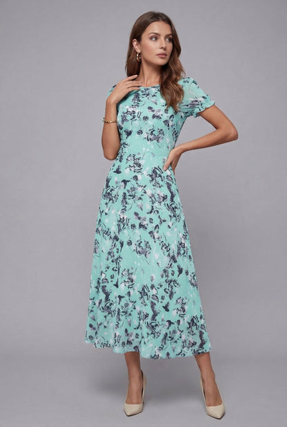 Short Sleeve Floral Crew Neck Chiffon Midi Summer Dress for Women