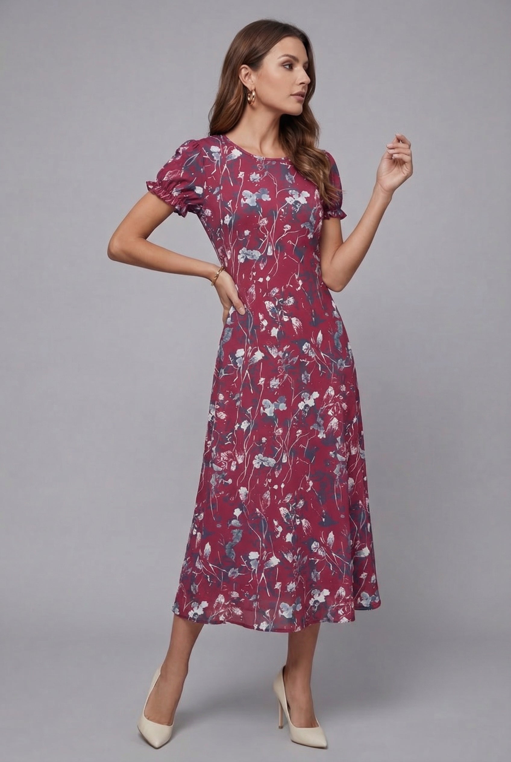 Short Sleeve Floral Crew Neck Chiffon Midi Summer Dress for Women