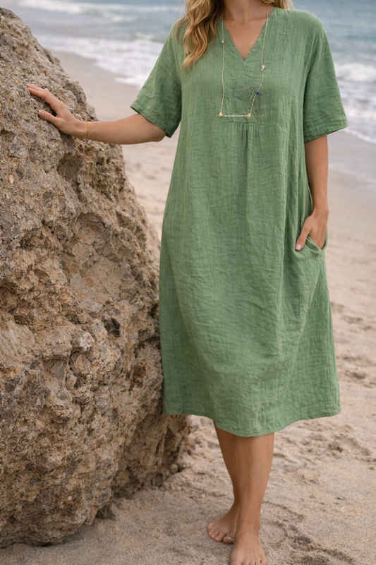Side Pockets Sleeve Midi Dress For Women Line - Image 1