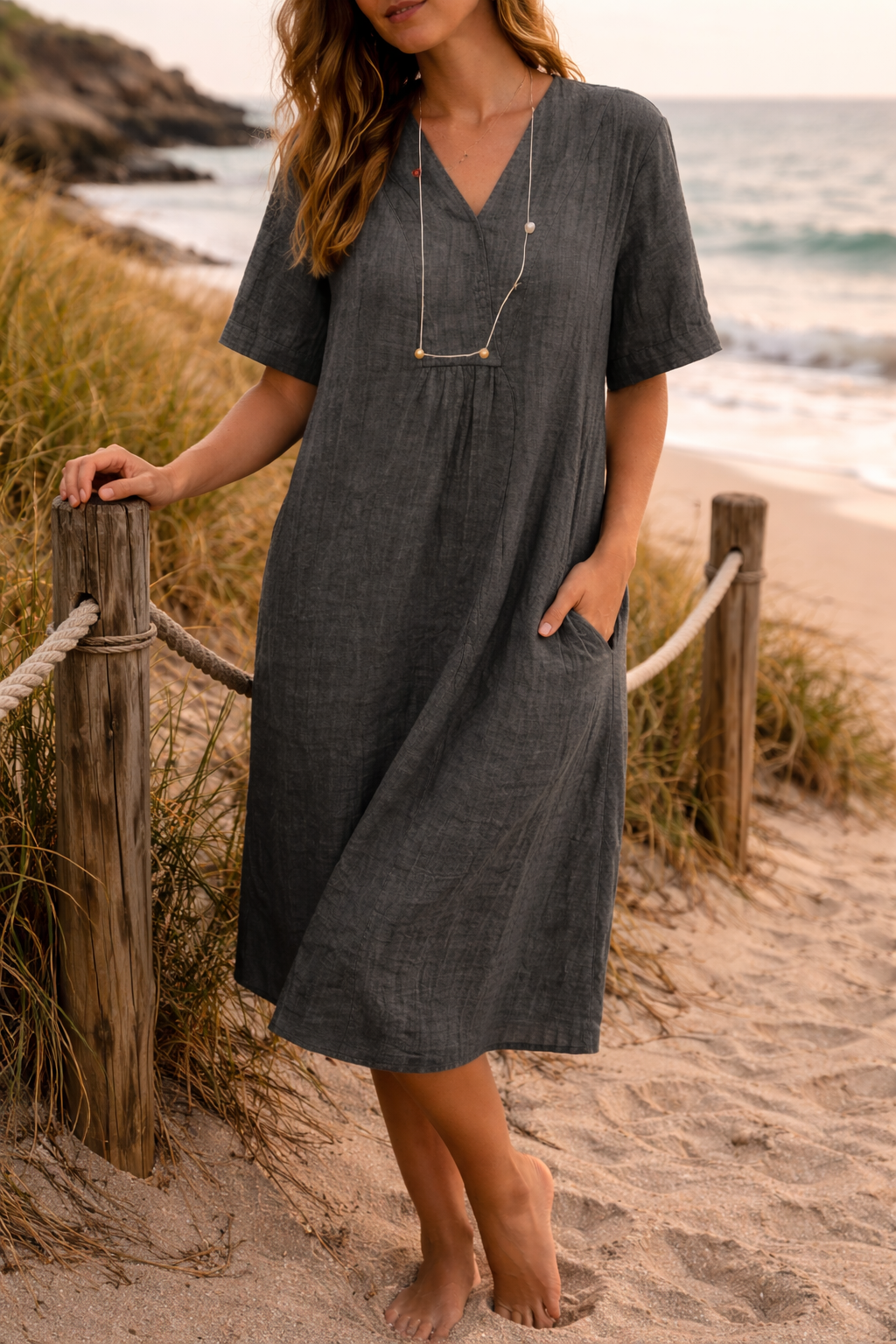 Side Pockets Sleeve Midi Dress For Women Line - Image 3