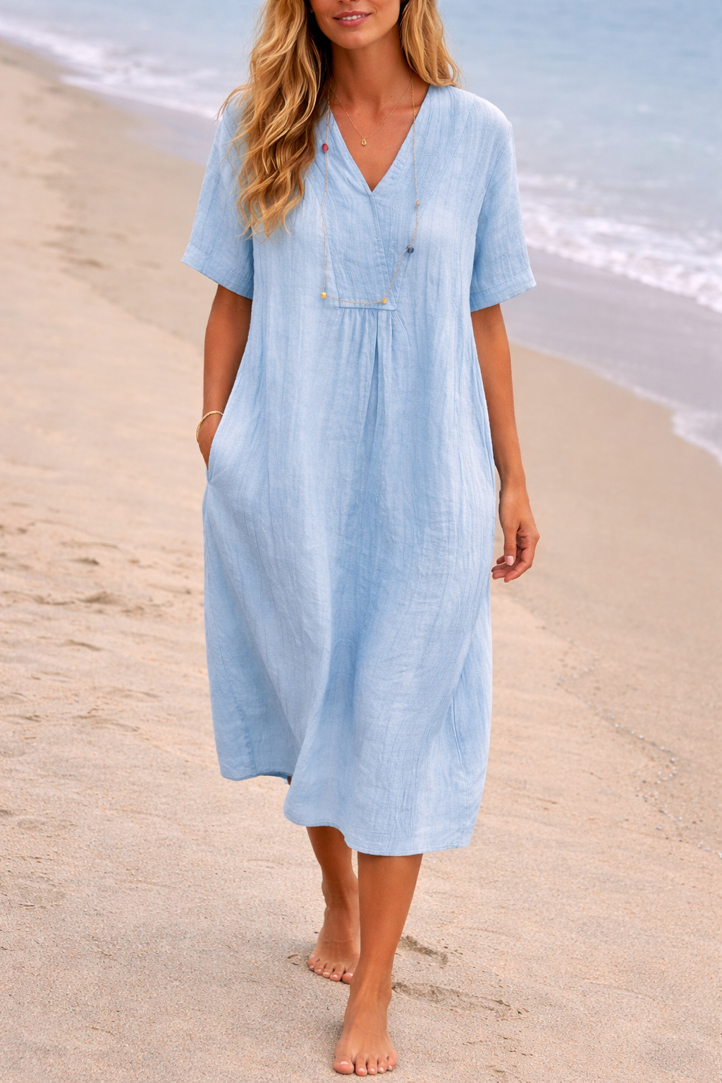 Side Pockets Sleeve Midi Dress For Women Line - Image 4