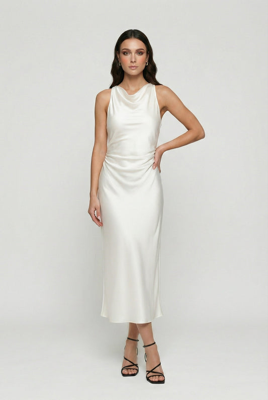 Sleeveless Cowl Neck Satin Slip Midi Dress