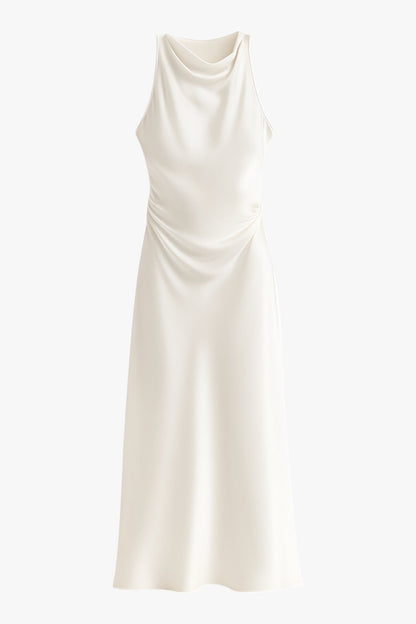 Sleeveless Cowl Neck Satin Slip Midi Dress