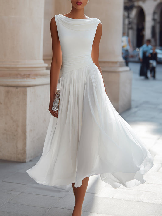 Sleeveless Pleated Midi Dress - Draped Cowl Neckline Formal Evening Dress for Women