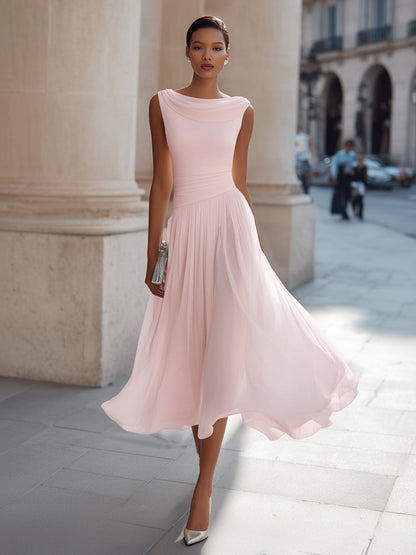 Sleeveless Pleated Midi Dress - Draped Cowl Neckline Formal Evening Dress for Women