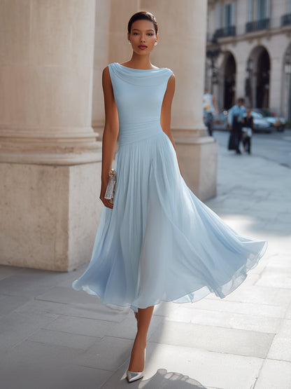 Sleeveless Pleated Midi Dress - Draped Cowl Neckline Formal Evening Dress for Women