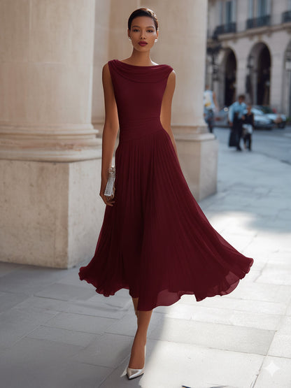 Sleeveless Pleated Midi Dress - Draped Cowl Neckline Formal Evening Dress for Women