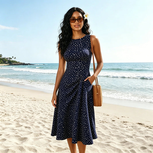 Sleeveless Polka Dot Flared Midi Dress for Women