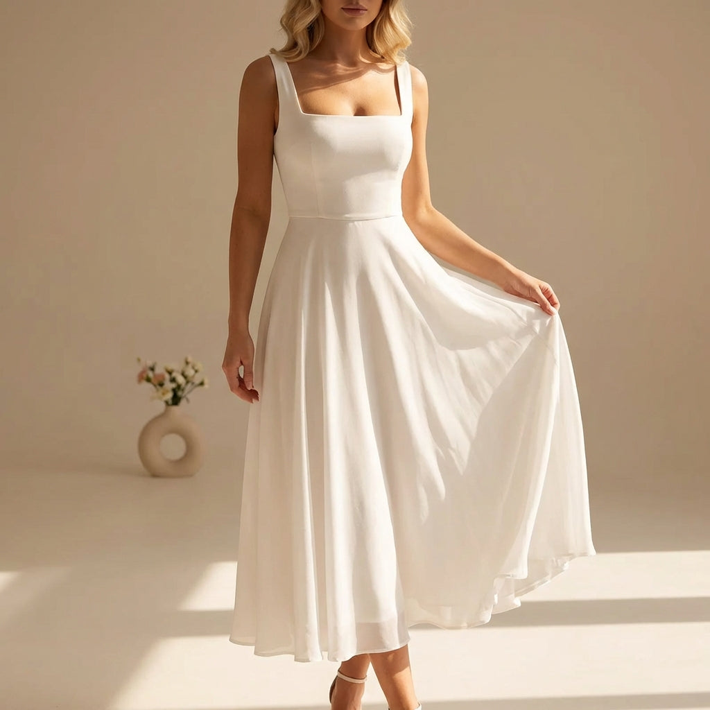 Sleeveless Square Neckline Chiffon Wide Strap Midi Summer Dress