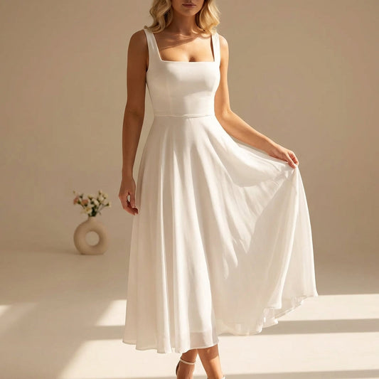 Sleeveless Square Neckline Chiffon Wide Strap Midi Summer Dress