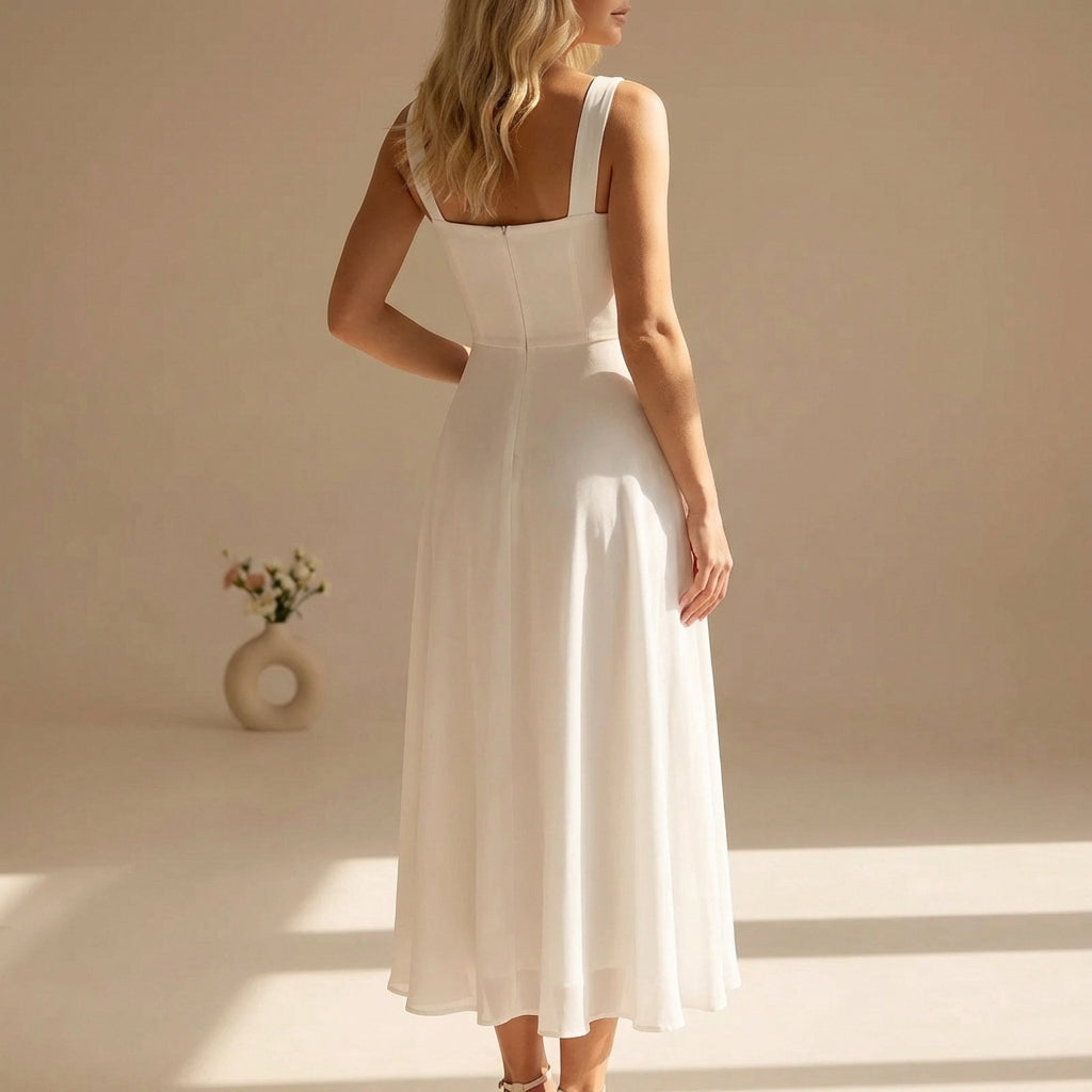 Sleeveless Square Neckline Chiffon Wide Strap Midi Summer Dress