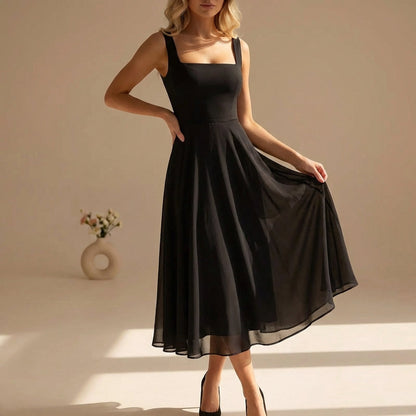 Sleeveless Square Neckline Chiffon Wide Strap Midi Summer Dress