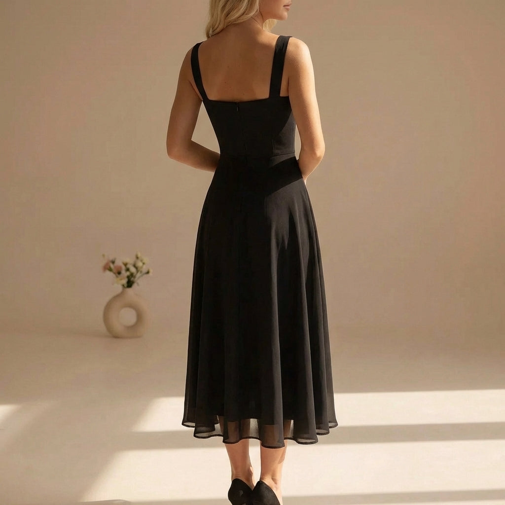 Sleeveless Square Neckline Chiffon Wide Strap Midi Summer Dress