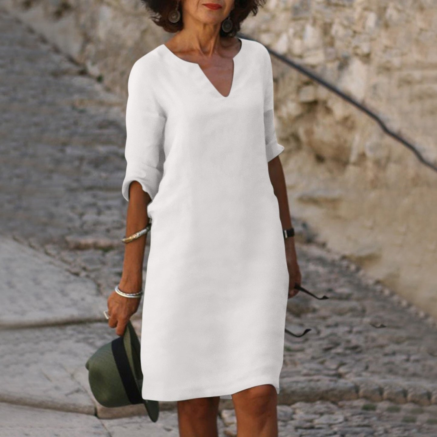 Spring Summer Midi Dress Women's Casual V-Neck 3 4 Sleeve Knee-Length - Image 10