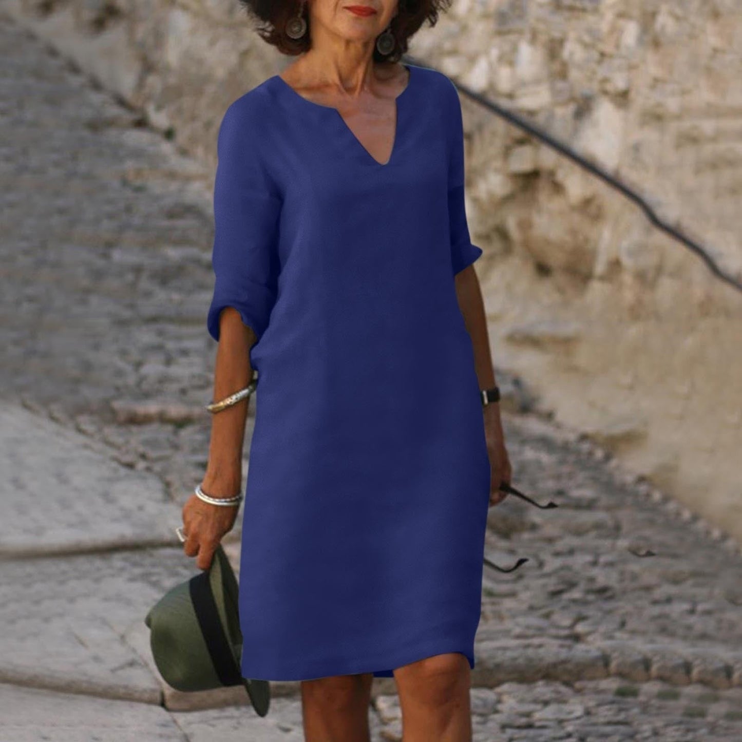 Spring Summer Midi Dress Women's Casual V-Neck 3 4 Sleeve Knee-Length - Image 12