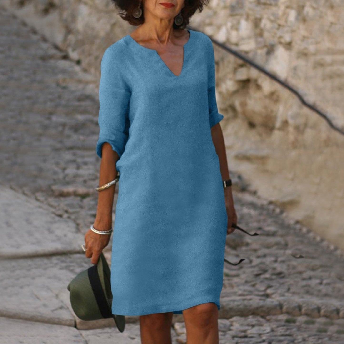 Spring Summer Midi Dress Women's Casual V-Neck 3 4 Sleeve Knee-Length - Image 13