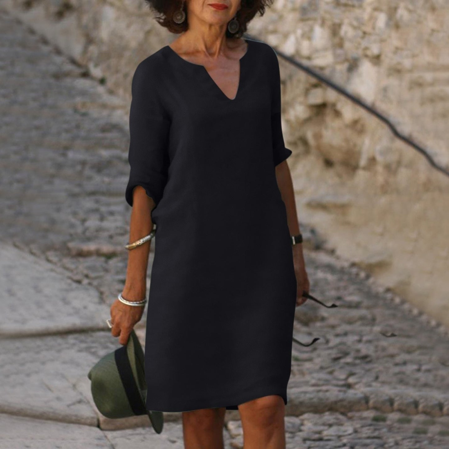 Spring Summer Midi Dress Women's Casual V-Neck 3 4 Sleeve Knee-Length - Image 2