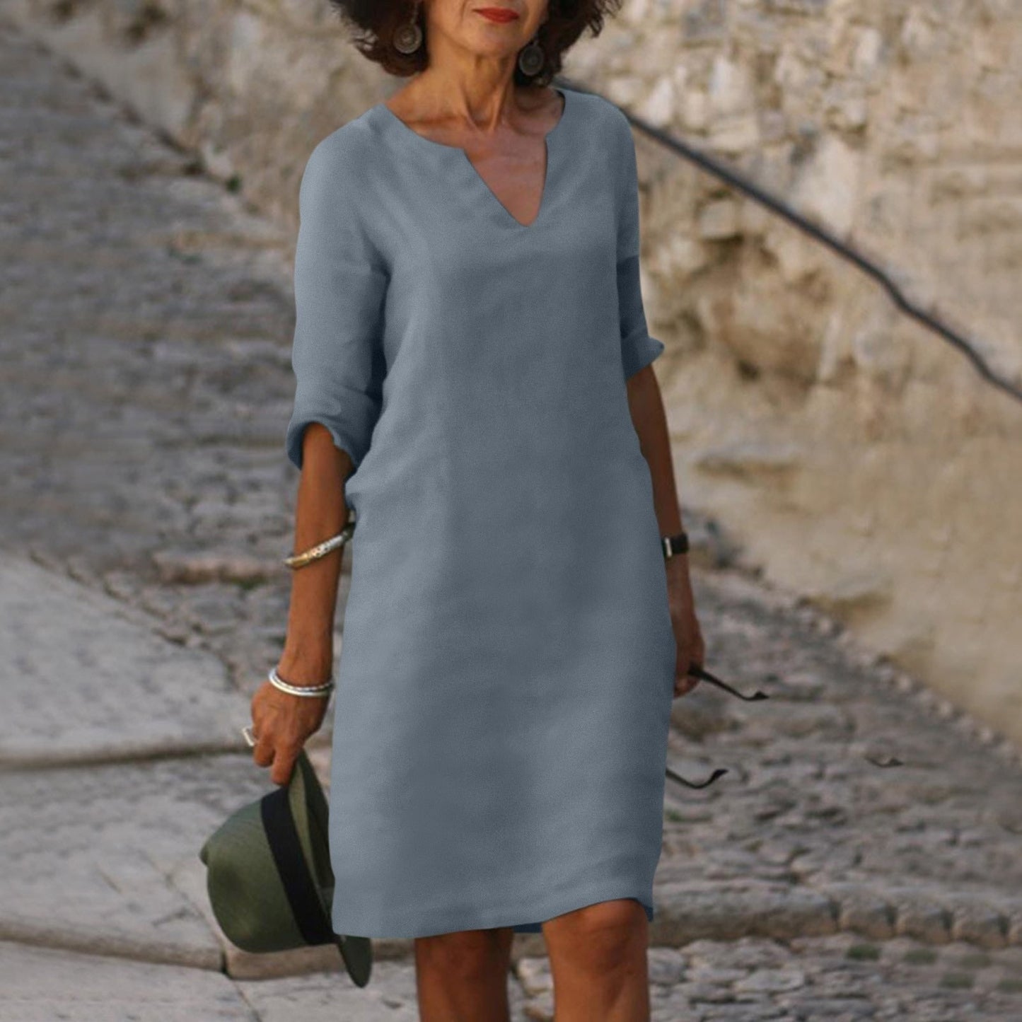 Spring Summer Midi Dress Women's Casual V-Neck 3 4 Sleeve Knee-Length - Image 3