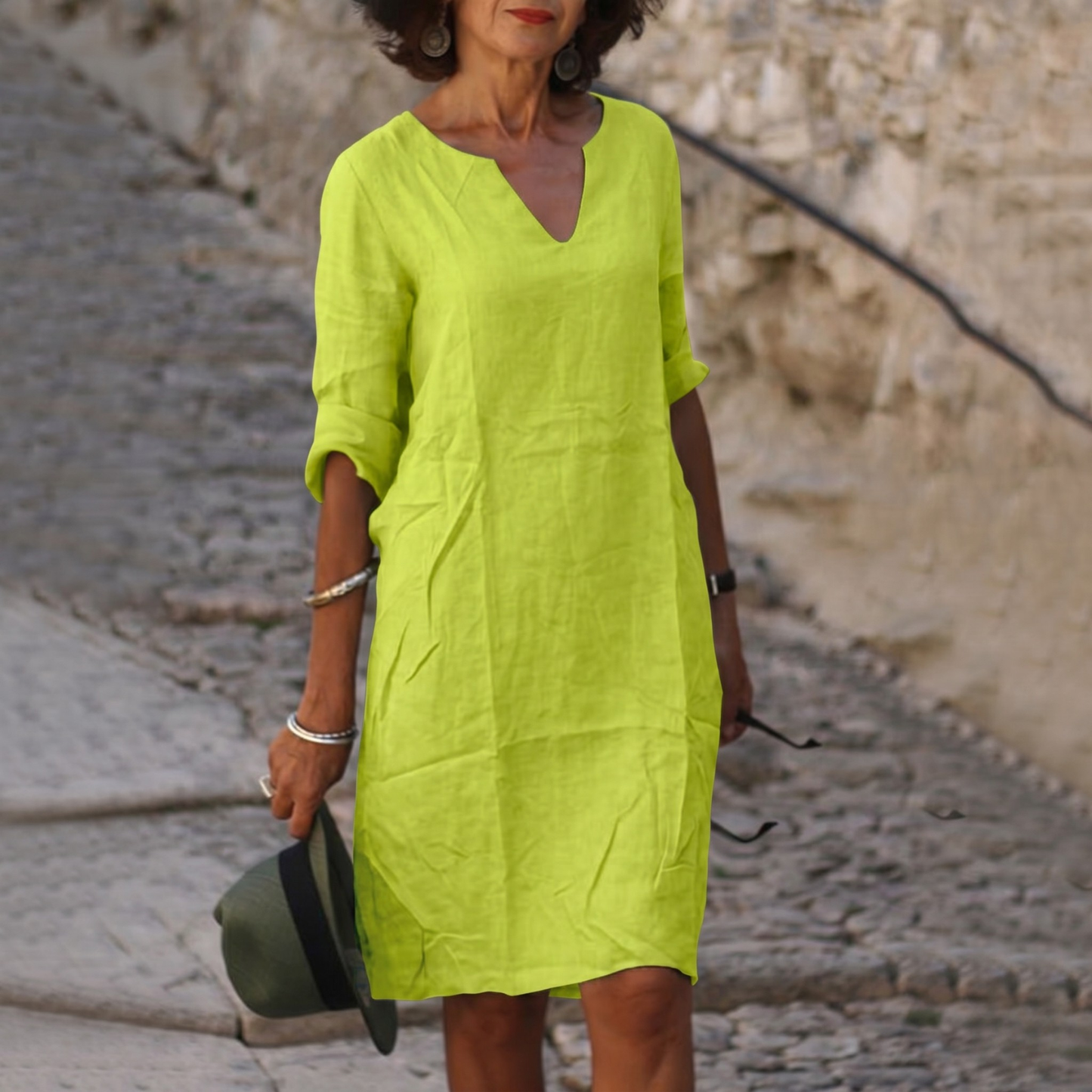 Spring Summer Midi Dress Women's Casual V-Neck 3 4 Sleeve Knee-Length - Image 5