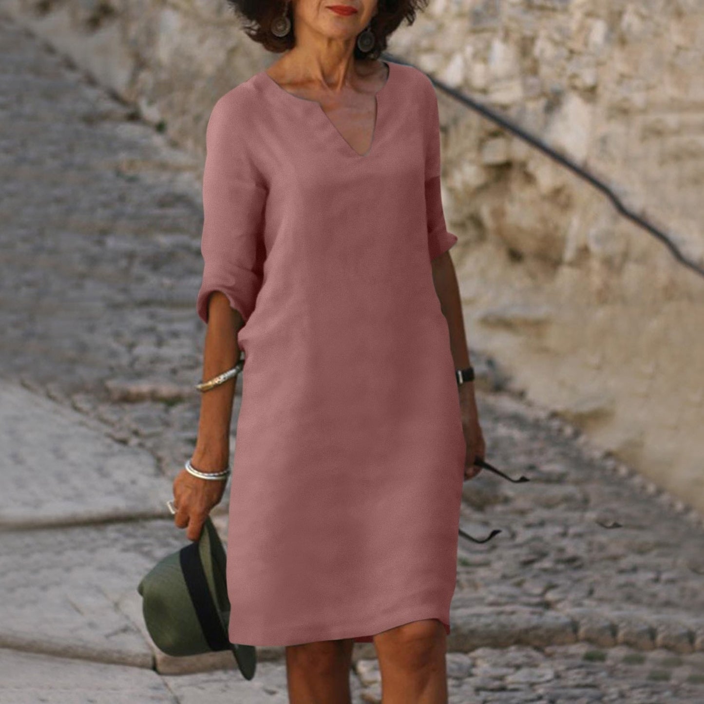 Spring Summer Midi Dress Women's Casual V-Neck 3 4 Sleeve Knee-Length - Image 7