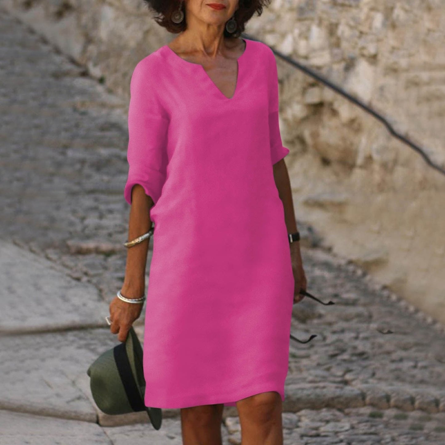 Spring Summer Midi Dress Women's Casual V-Neck 3 4 Sleeve Knee-Length - Image 8