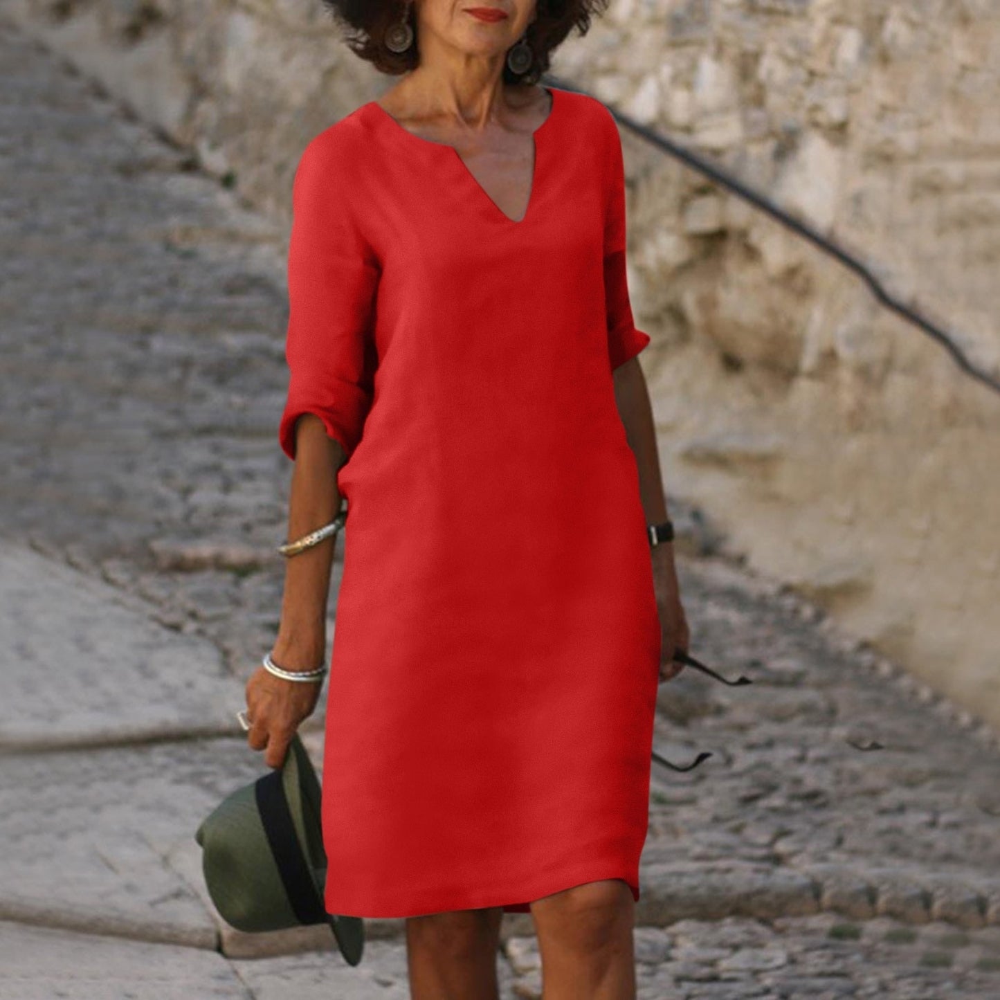 Spring Summer Midi Dress Women's Casual V-Neck 3 4 Sleeve Knee-Length - Image 9