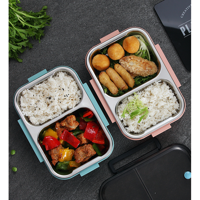 Stainless Steel Bento Lunch Box 1000ml 2 Compartment Clear Lid - Image 3
