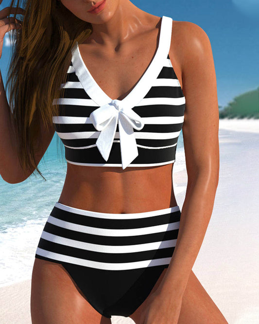 Striped High Waist Bikini Set with Halter Top