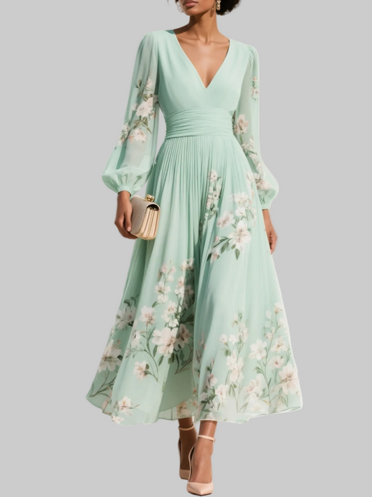 V-Neck Balloon Sleeve Floral Midi Dress for Women