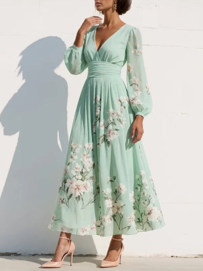V-Neck Balloon Sleeve Floral Midi Dress for Women